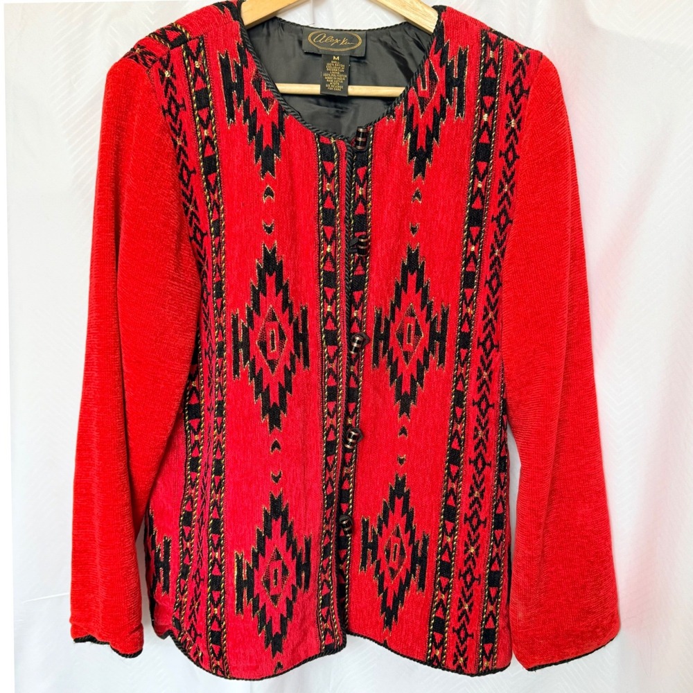 Boho Embroidered‎ Jacket Red Black Aztec Beaded Velvet Women's Medium VTG